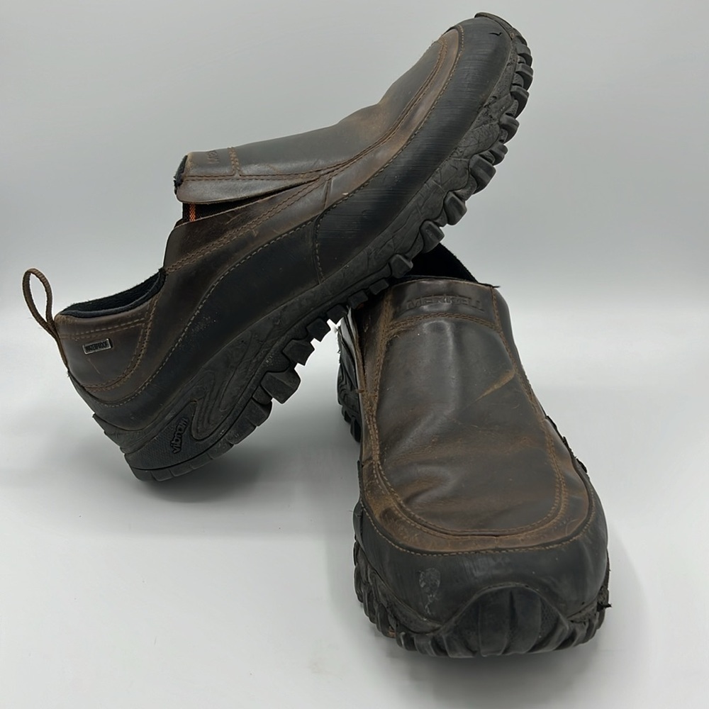 MERRELL SIZE 12 DARK EARTH BROWN SLIP ON LEATHER MOC J39577 - Picture 2 of 13